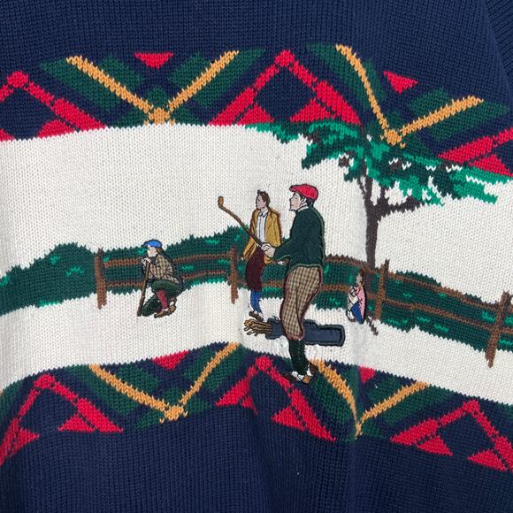 Vintage 90s Hathaway Size XL Navy Embroidered Golf Sweater Mens Hand Intarsia - Picture 5 of 10